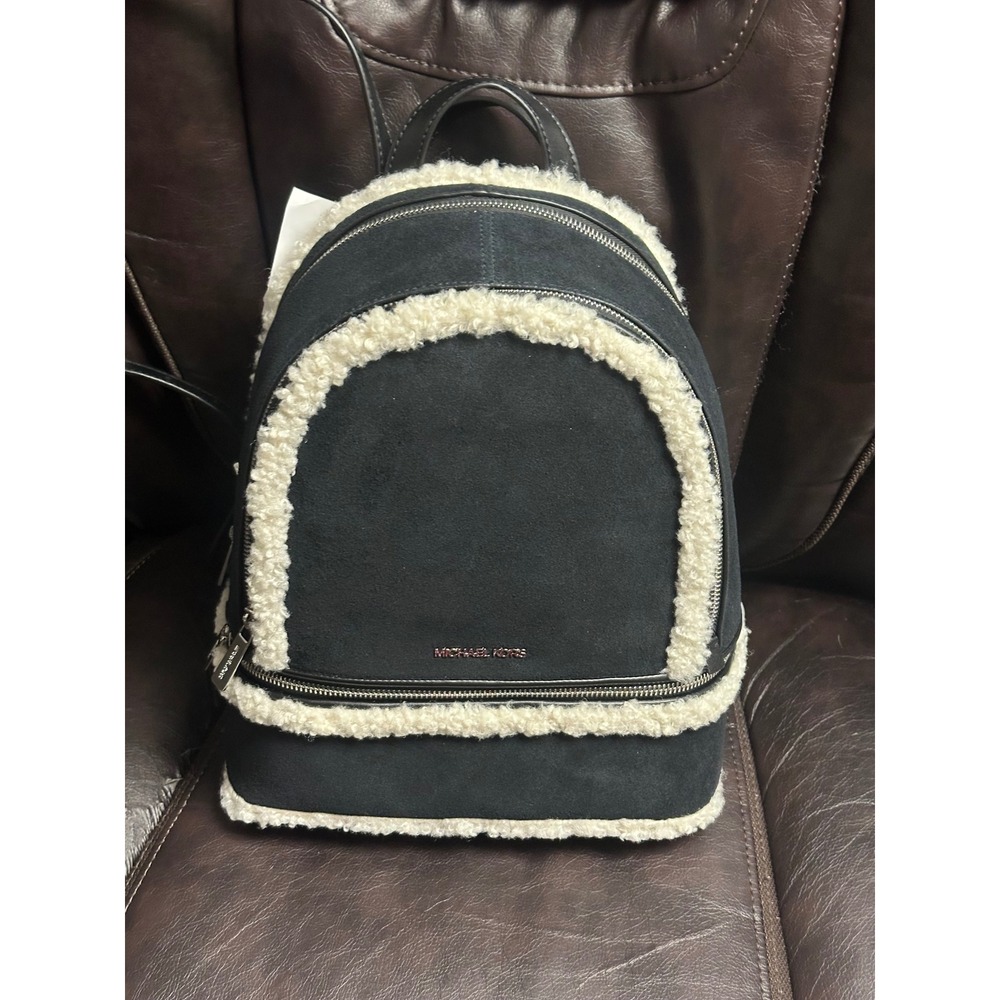 Michael Kors Rhea Black Shearling Trim MD Zip Leather Backpack‎ Bag